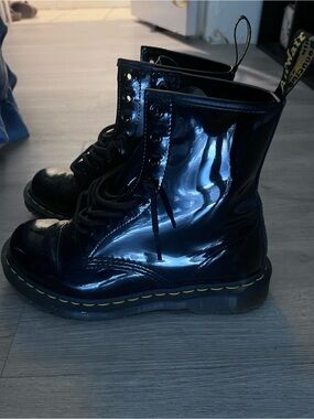 Dr. Martens Black Patent Leather Combat Boots with Yellow Stitching